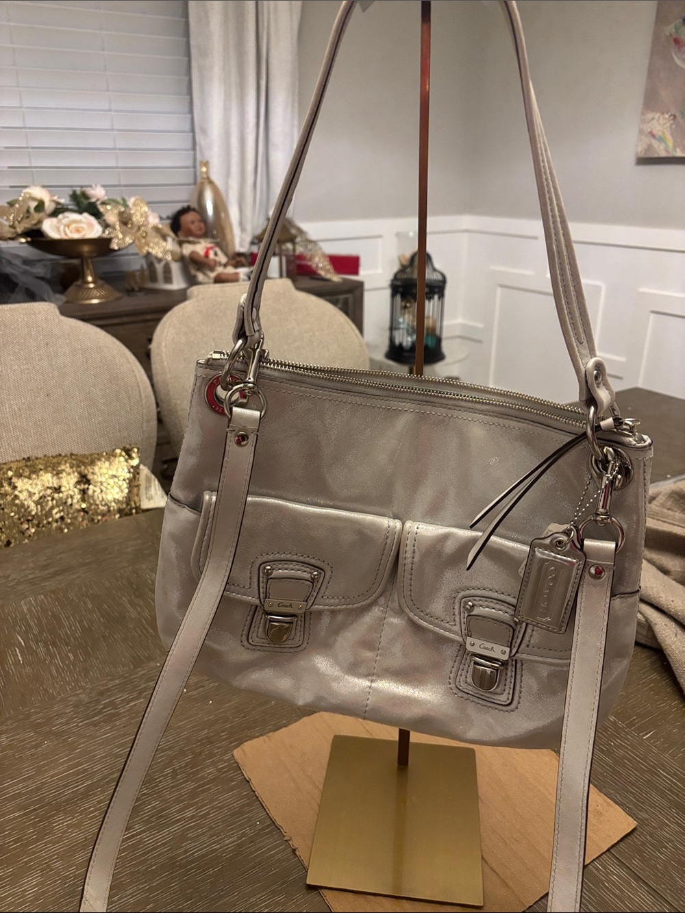 Coach Metallic Taupe Shoulder Bag with Front Buckle Pockets